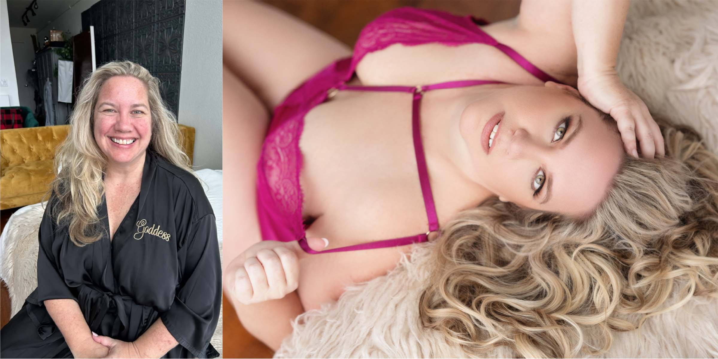 Collage of curvy blonde woman wearing pink lingerie before and after hair and makeup