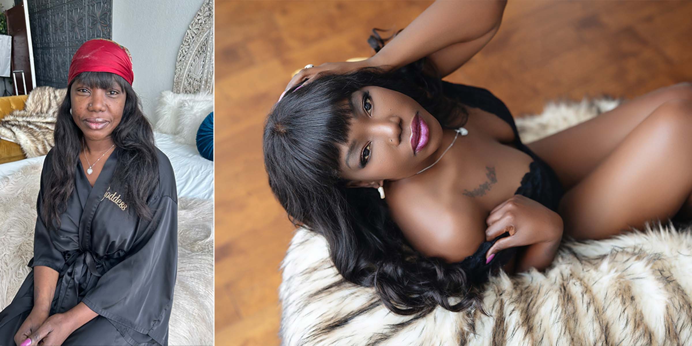 Collage of dark skinned woman before and after makeup and hair styling for a boudoir photoshoot