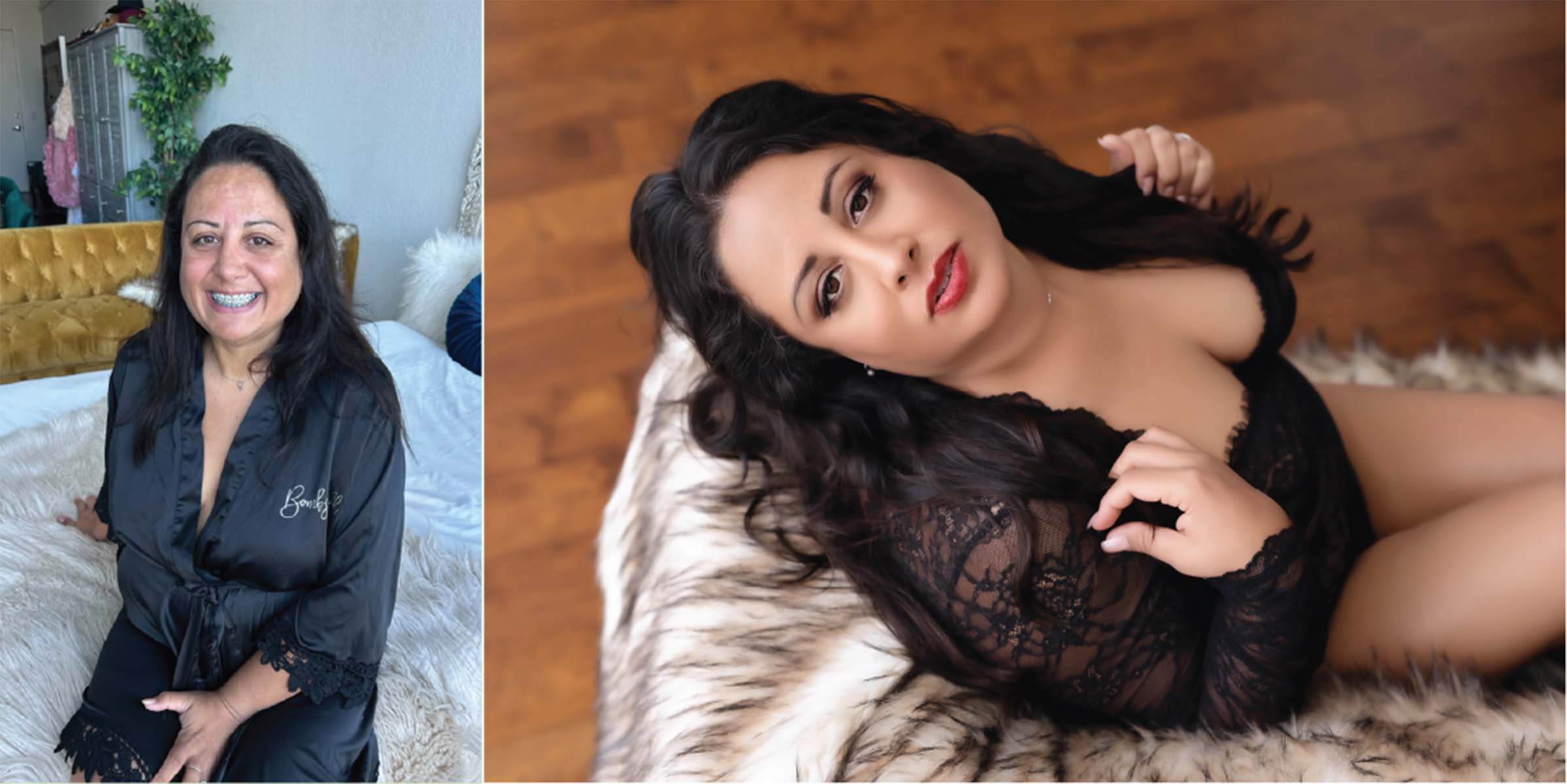 Collage of curvy brunette woman before and after hair and makeup styling for a boudoir portrait