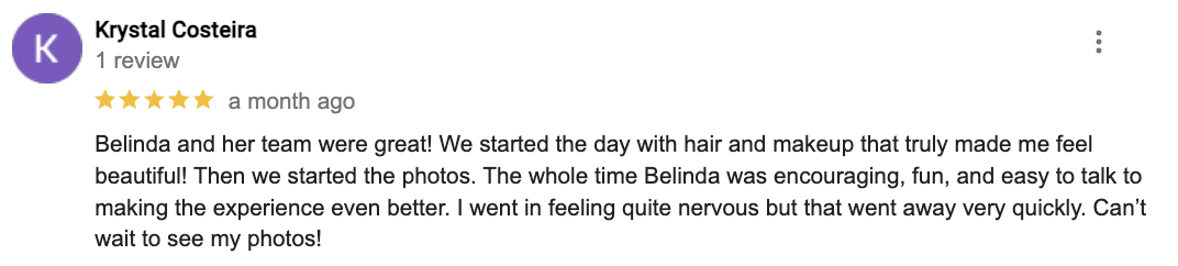 Screenshot of Google Reviews testimonial for Captured by Belinda, an Orlando based boudoir photographer