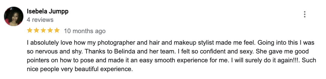 Screenshot of Google Reviews testimonial for Captured by Belinda, an Orlando based boudoir photographer