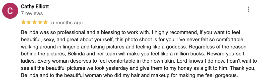 Screenshot of Google Reviews testimonial for Captured by Belinda, an Orlando based boudoir photographer