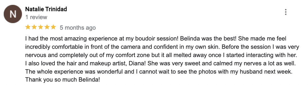 Screenshot of Google Reviews testimonial for Captured by Belinda, an Orlando based boudoir photographer