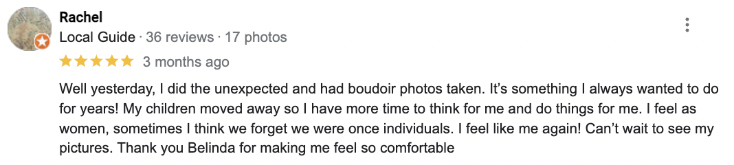 Screenshot of Google Reviews testimonial for Captured by Belinda, an Orlando based boudoir photographer