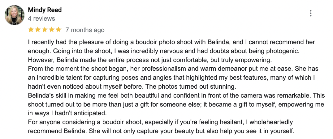 Screenshot of Google Reviews testimonial for Captured by Belinda, an Orlando based boudoir photographer