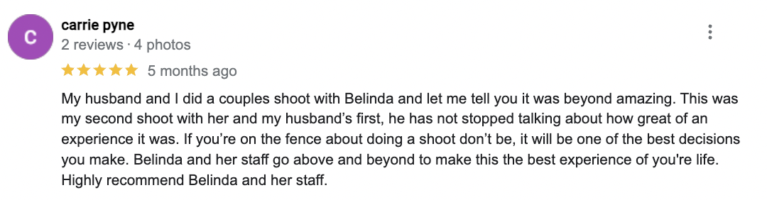 Screenshot of Google Reviews testimonial for Captured by Belinda, an Orlando based boudoir photographer